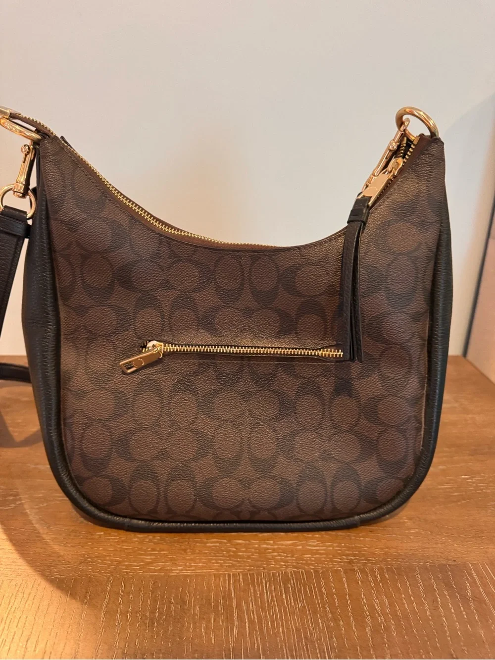 Coach Brown Signature Print Purse with Black Trim